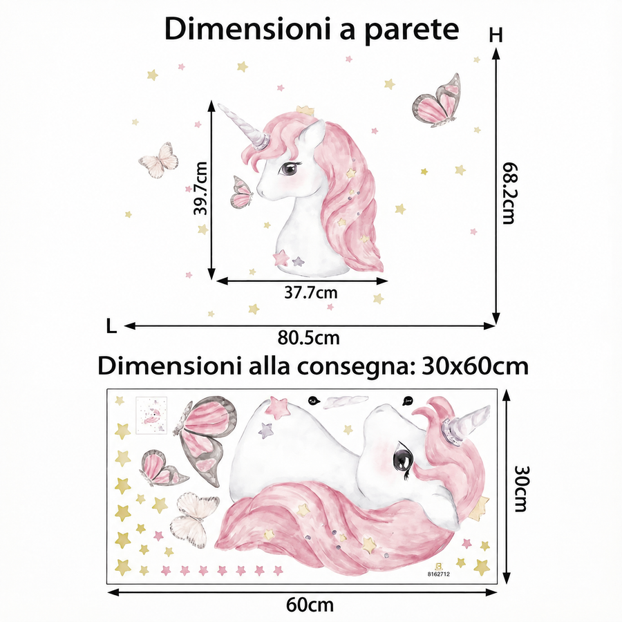 Il foglio che ricevi a confronto con il motivo applicato: Adesivo murale unicorno per cameretta neonata