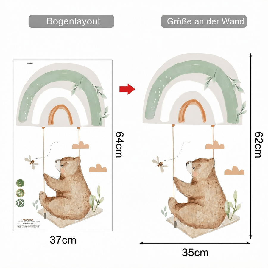 Der gelieferte Bogen im Vergleich zum Motiv an der Wand: Wandtattoo Sitzender Bär