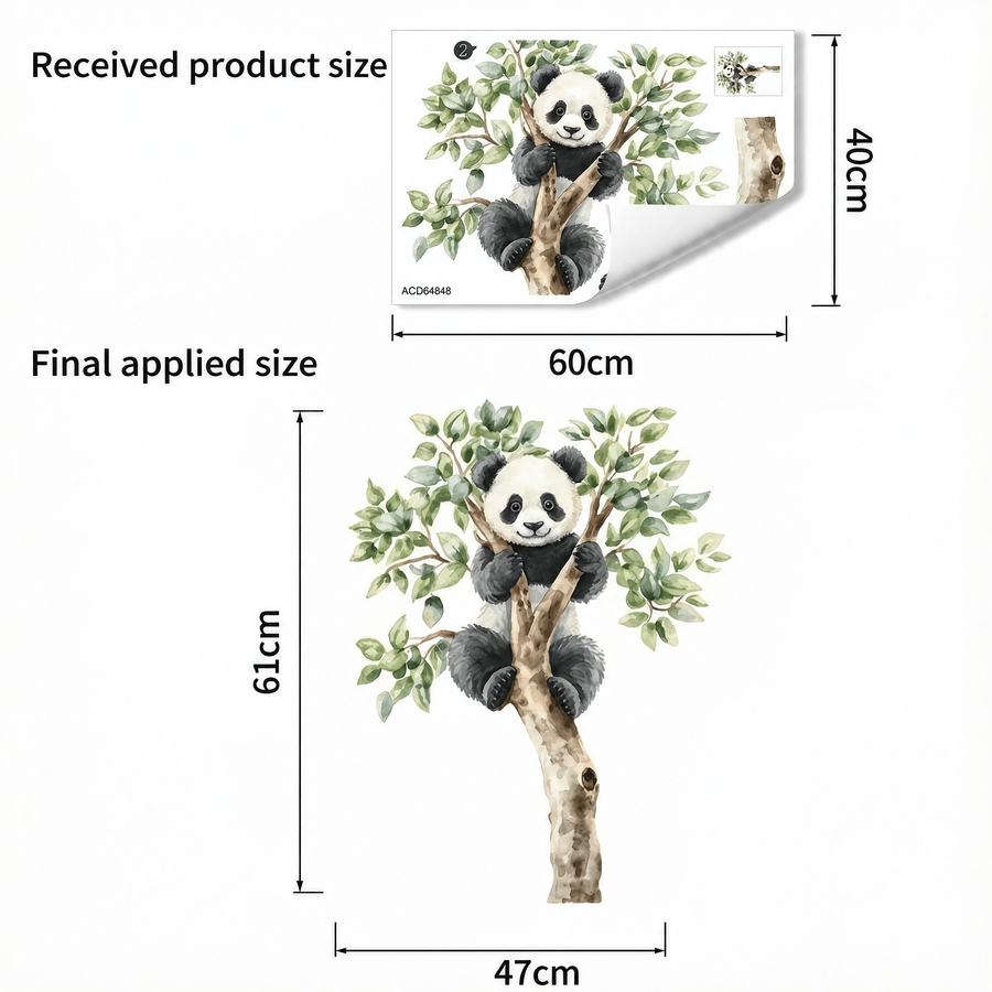 The sheet you receive compared with the design on the wall: Panda in a Tree Wall Sticker