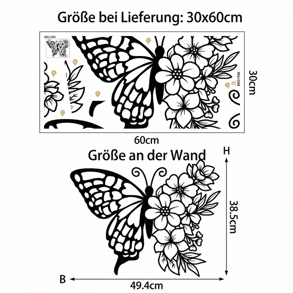 Wandtattoo Schmetterling aus Blüten - Maße