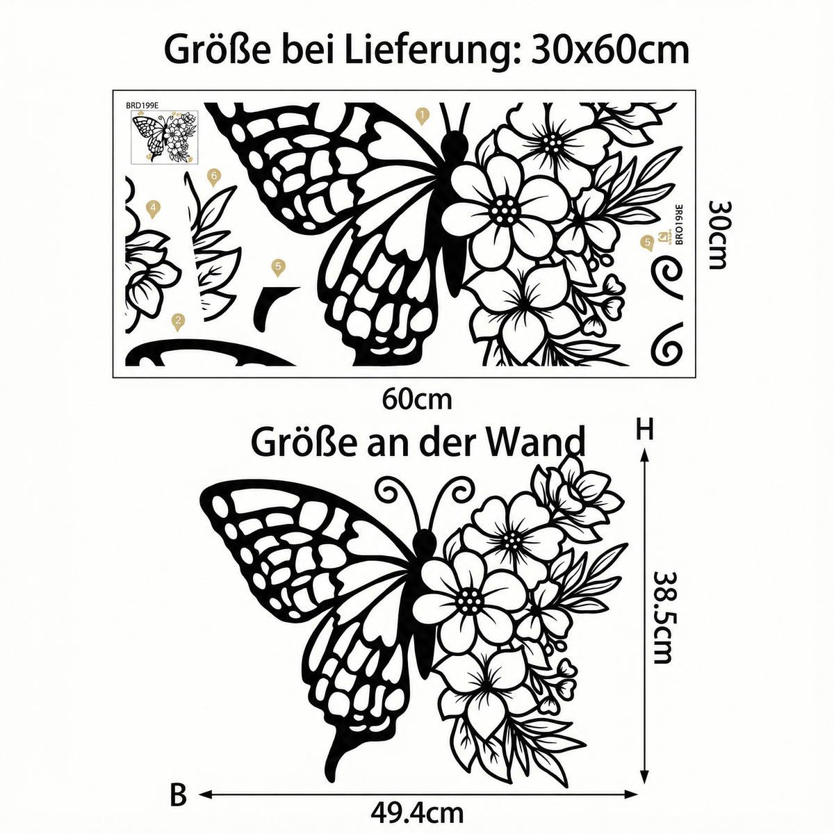 Wandtattoo Schmetterling aus Blüten - Maße