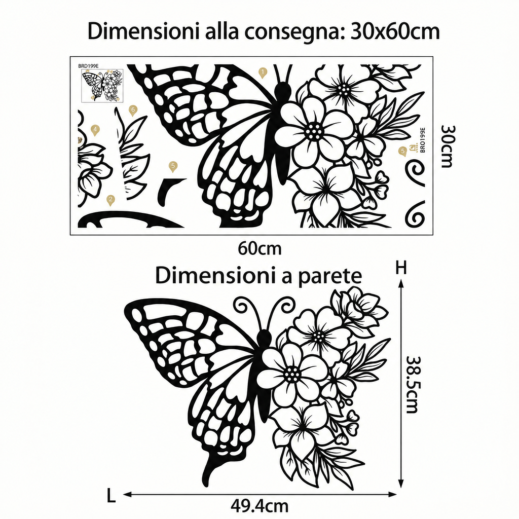 Adesivo murale farfalla di fiori - Dimensioni