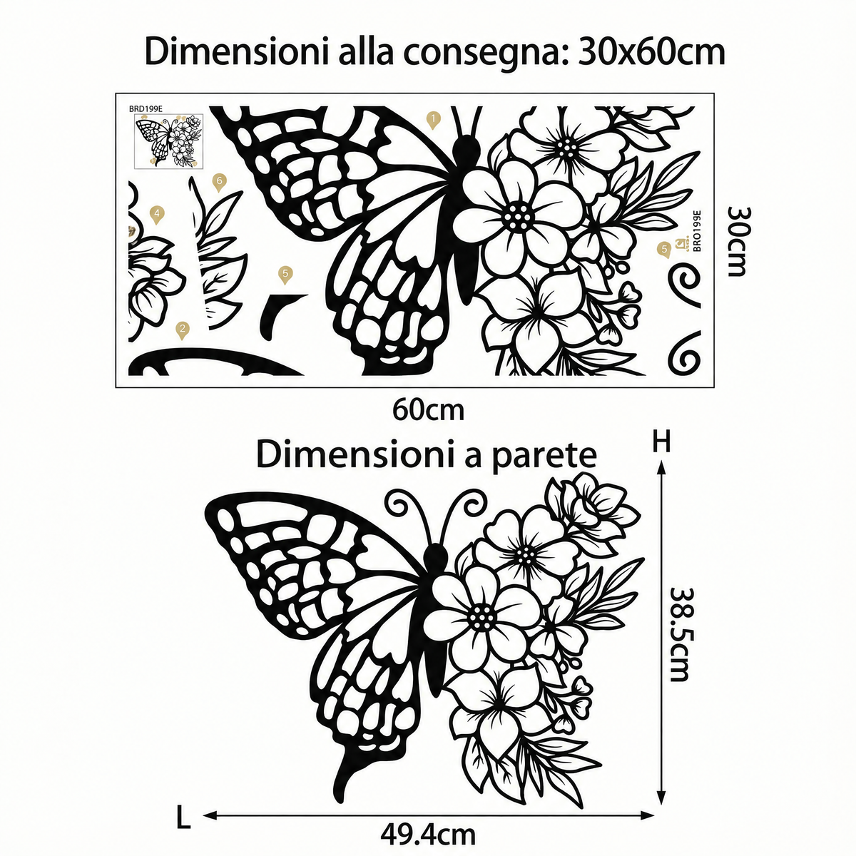 Adesivo murale farfalla di fiori - Dimensioni