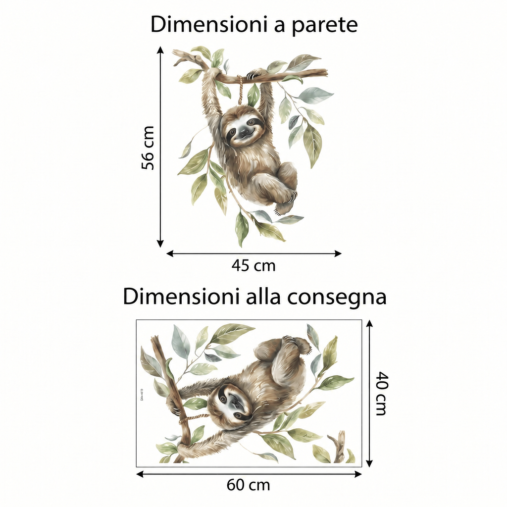Adesivo murale bradipo ad acquerello per cameretta neonato - Dimensioni