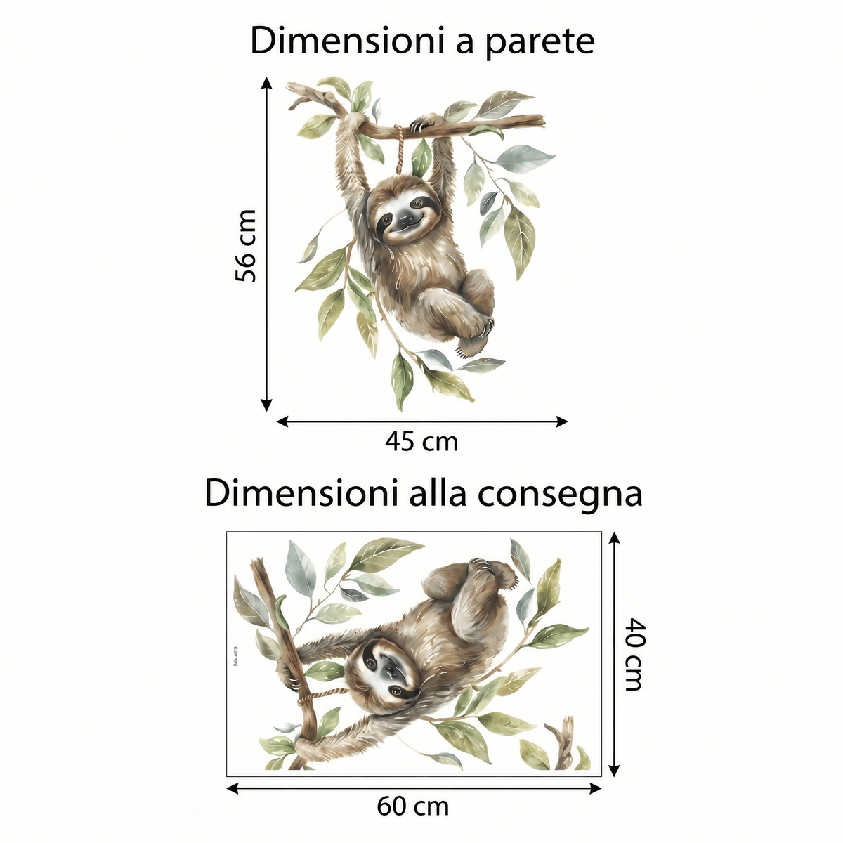 Adesivo murale bradipo ad acquerello per cameretta neonato - Dimensioni