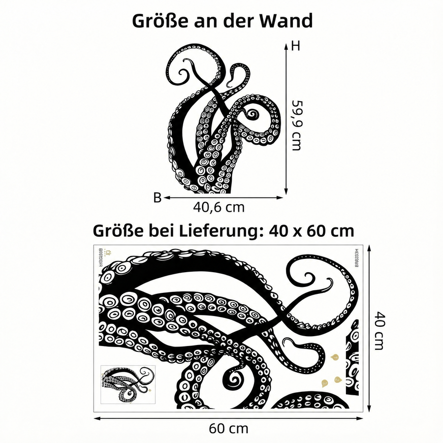 Der gelieferte Bogen im Vergleich zum Motiv an der Wand: Wandtattoo Oktopus-Tentakel