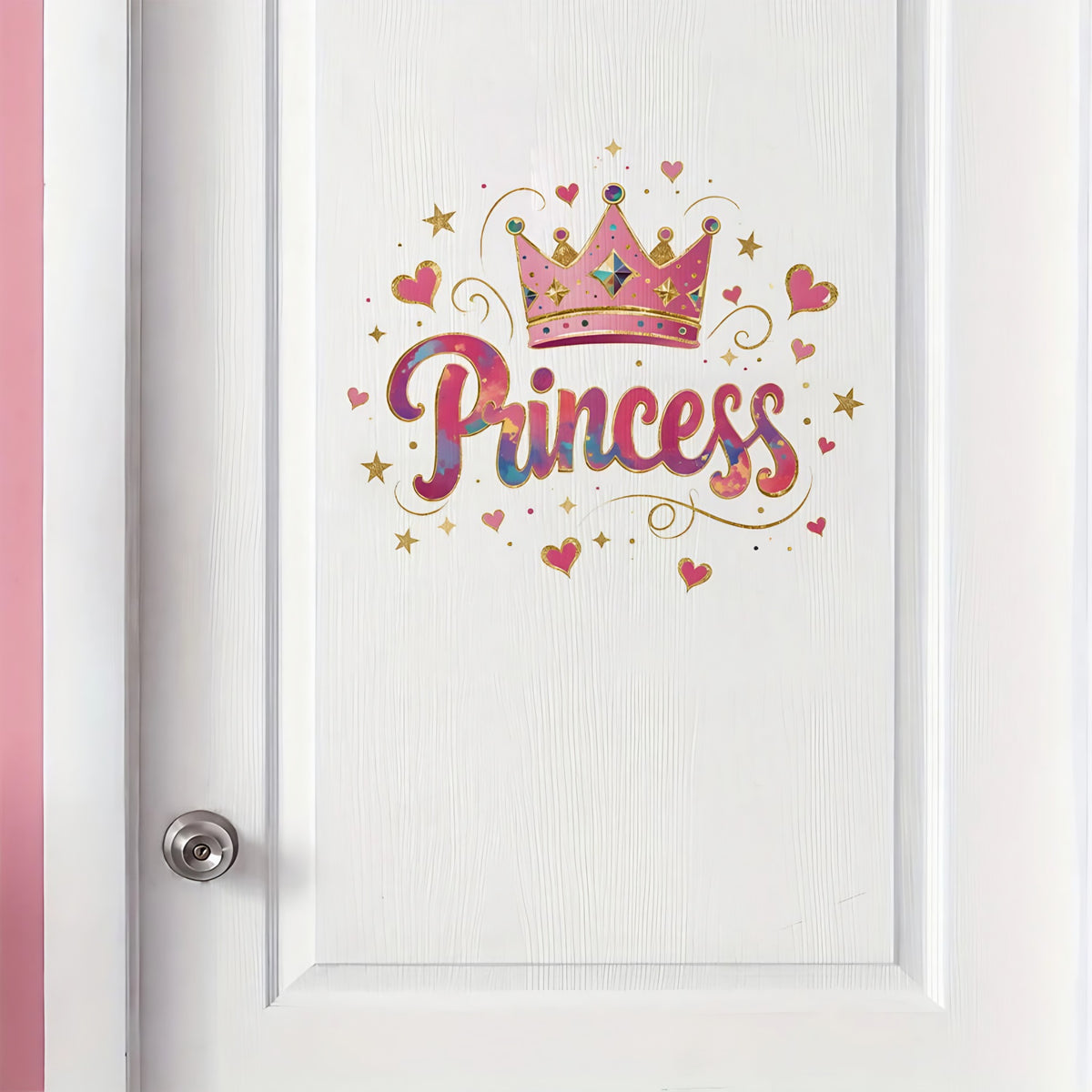Sticker Princess couronne et cœurs posé sur la porte blanche d'une chambre fille