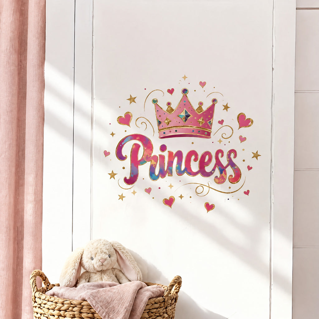 Sticker mural Princess rose et doré sur une porte blanche au soleil, panier en osier et lapin en peluche dans une chambre de fille