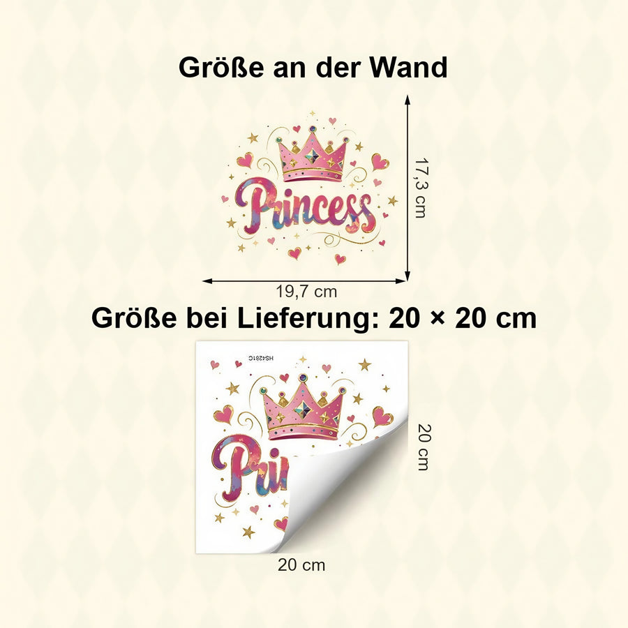 Der gelieferte Bogen im Vergleich zum Motiv an der Wand: Wandtattoo Prinzessin Krone und Herzen für die Tür im Mädchenzimmer