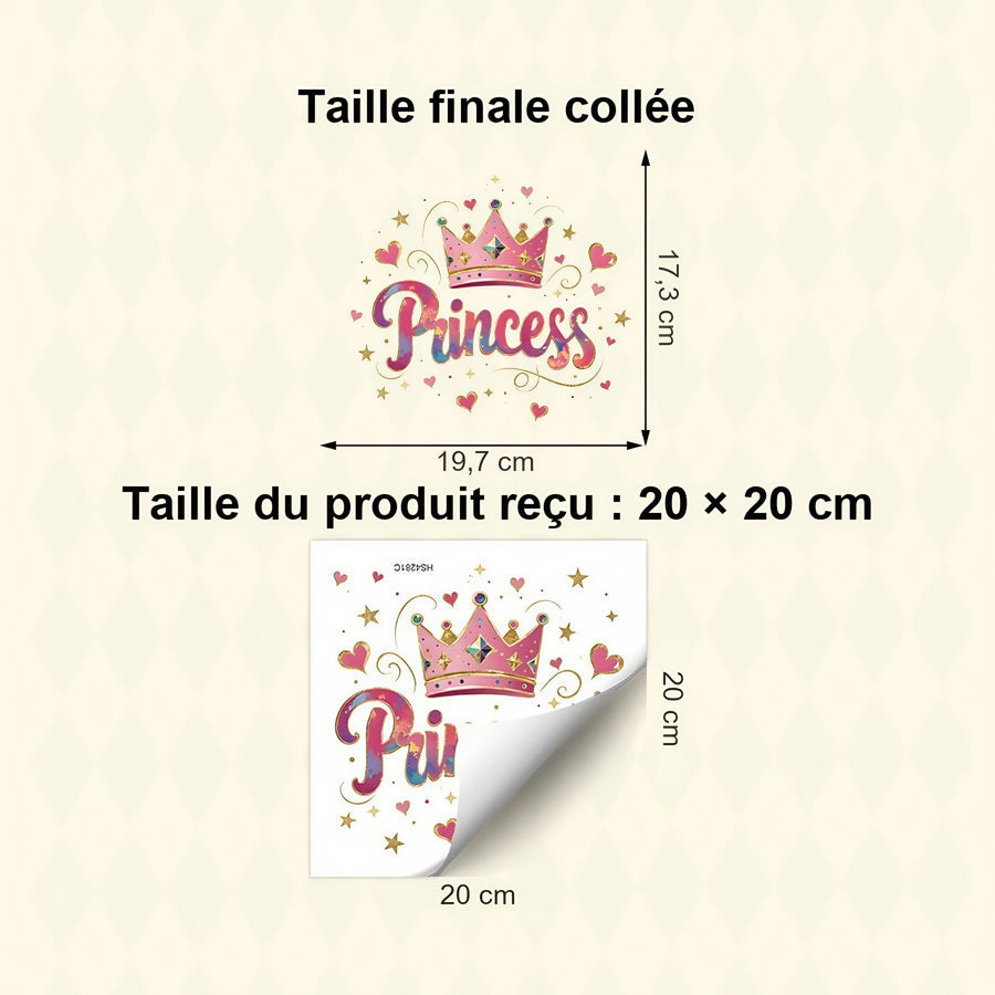 Comparaison entre la planche reçue et le motif posé : Sticker Mural Porte Princesse Couronne et Cœurs Chambre Fille