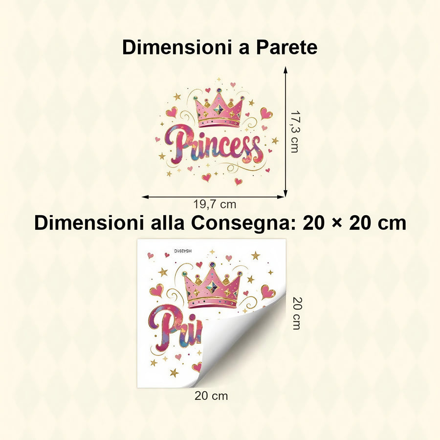Il foglio che ricevi a confronto con il motivo applicato: Adesivo murale principessa con corona e cuori per porta della cameretta da bambina