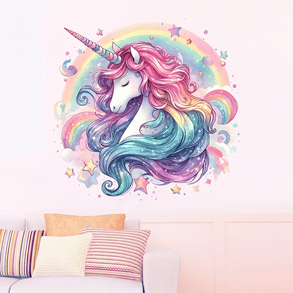 Sticker Mural Tête de Licorne Arc-en-Ciel Chambre Fille