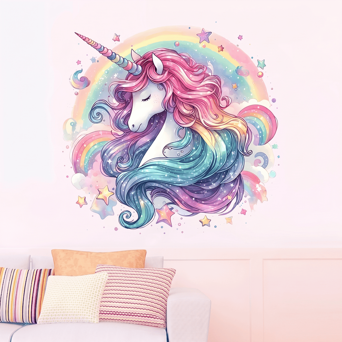 Sticker Mural Tête de Licorne Arc-en-Ciel Chambre Fille