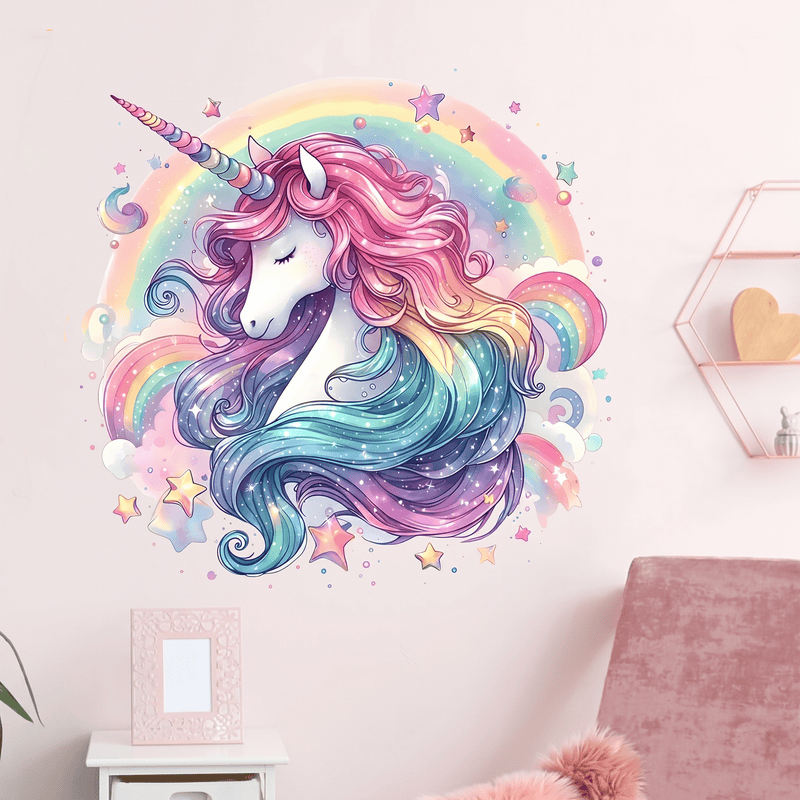 Sticker Mural Tête de Licorne Arc-en-Ciel Chambre Fille