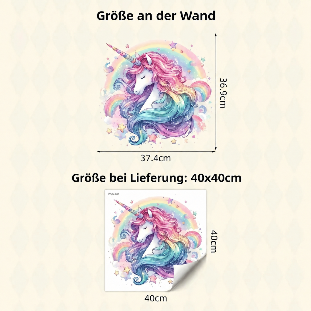 Wandtattoo Einhornkopf mit Regenbogen fürs Mädchenzimmer - Maße