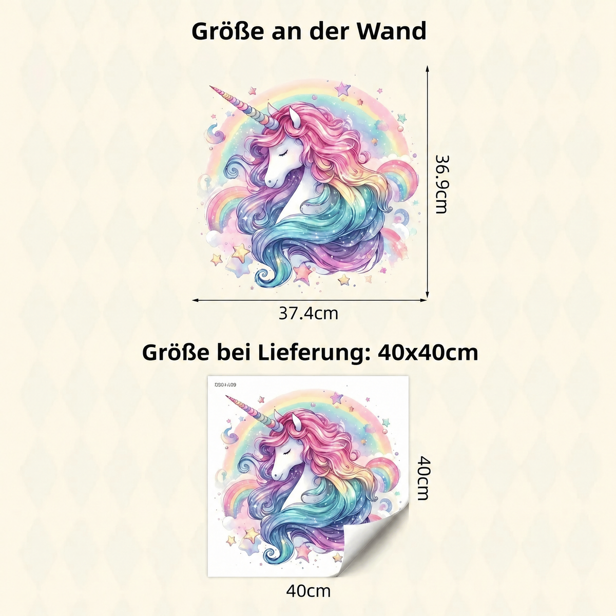 Wandtattoo Einhornkopf mit Regenbogen fürs Mädchenzimmer - Maße