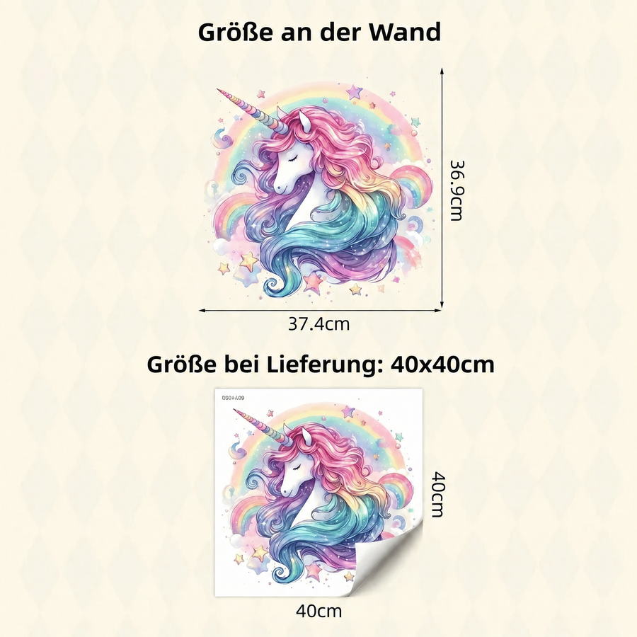 Der gelieferte Bogen im Vergleich zum Motiv an der Wand: Wandtattoo Einhornkopf mit Regenbogen fürs Mädchenzimmer