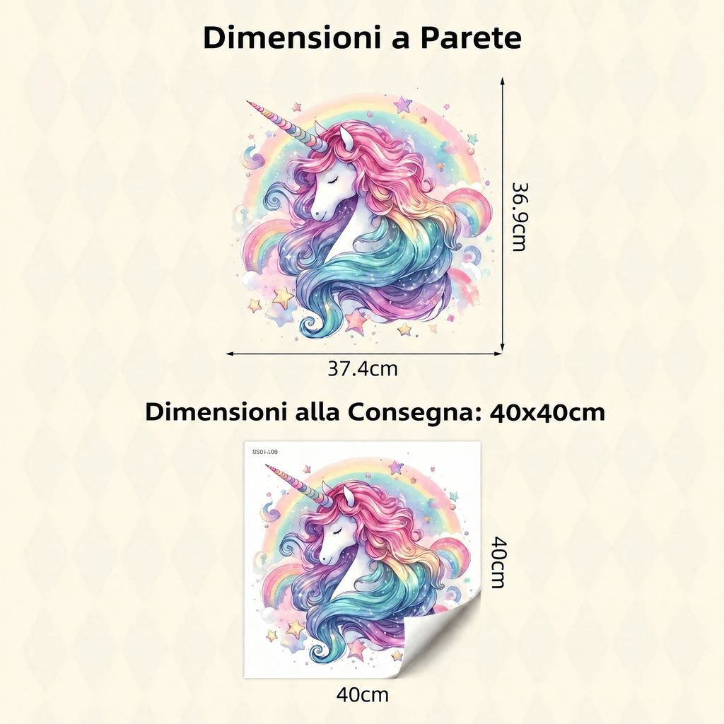 Adesivo murale testa di unicorno con arcobaleno per cameretta bambina - Dimensioni