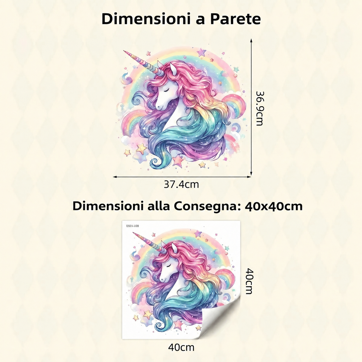 Adesivo murale testa di unicorno con arcobaleno per cameretta bambina - Dimensioni