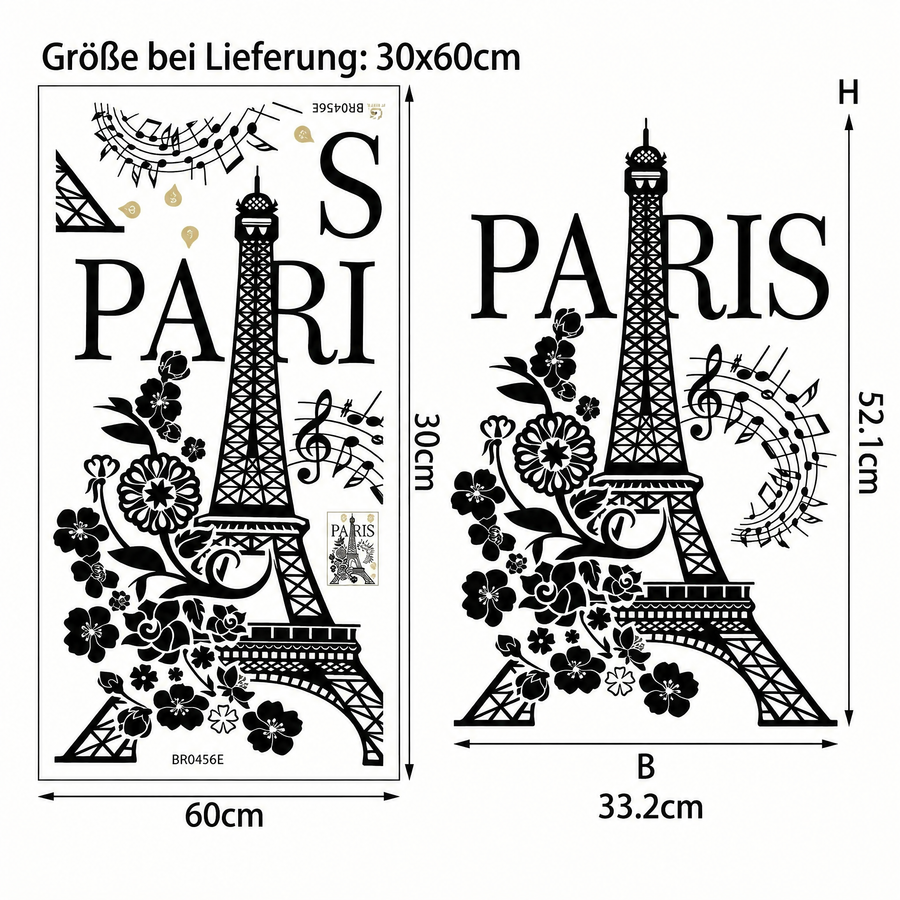 Der gelieferte Bogen im Vergleich zum Motiv an der Wand: Wandtattoo Eiffelturm Paris