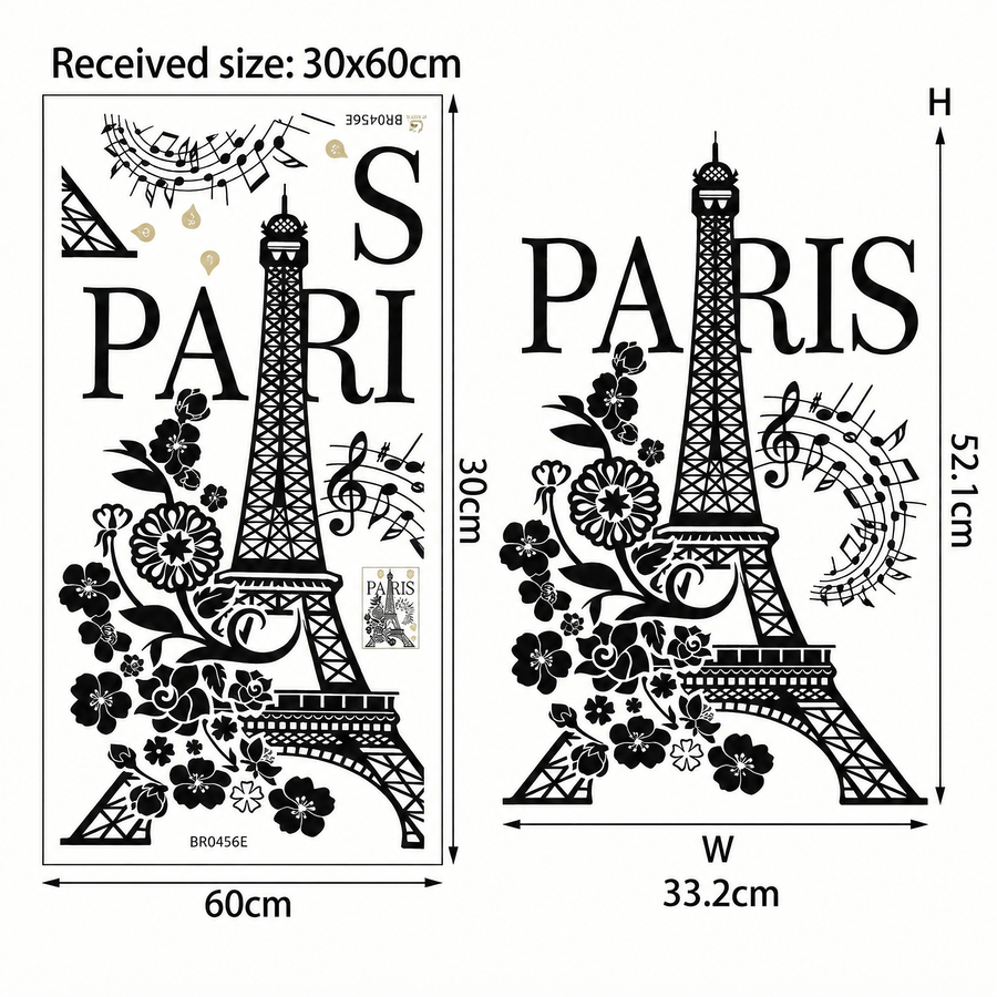 The sheet you receive compared with the design on the wall: Eiffel Tower Paris Wall Sticker