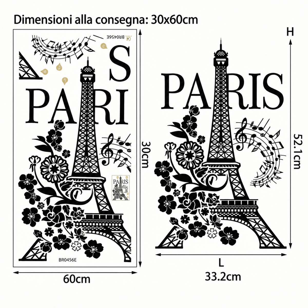 Adesivo murale Torre Eiffel Parigi - Dimensioni