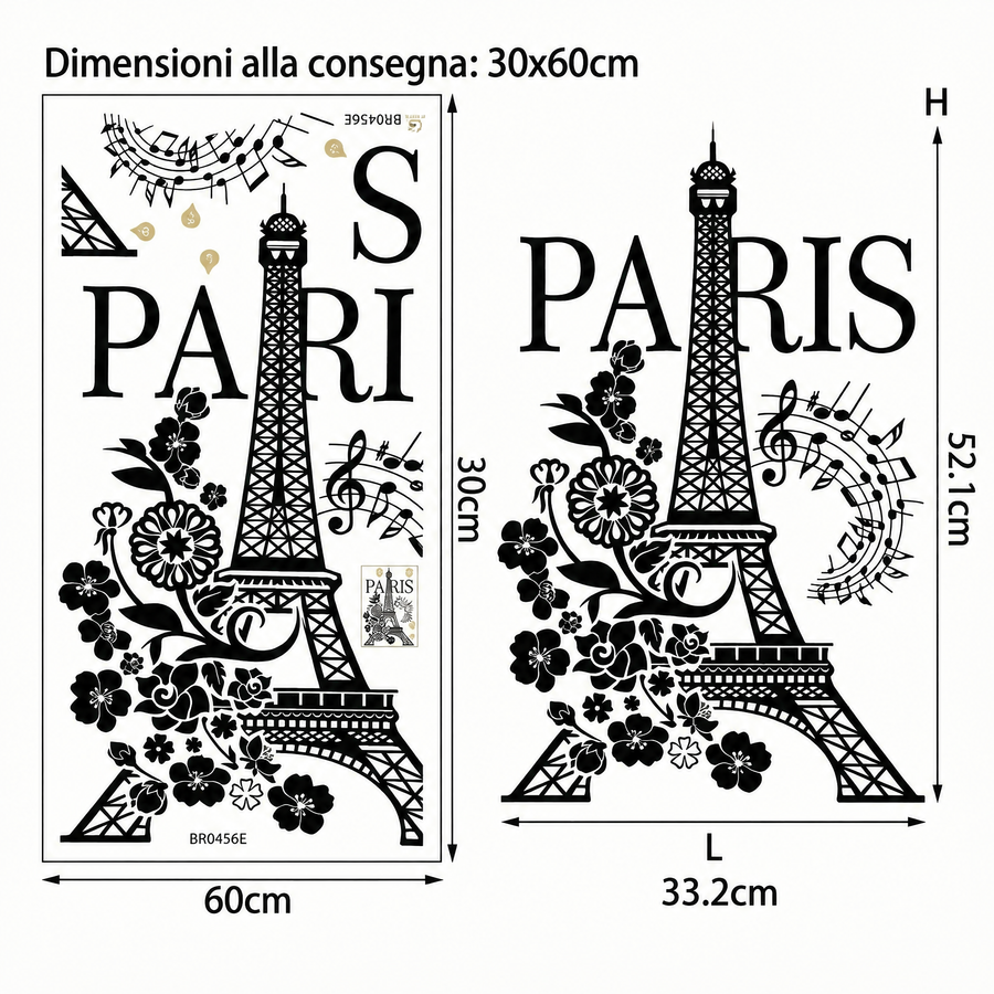 Il foglio che ricevi a confronto con il motivo applicato: Adesivo murale Torre Eiffel Parigi