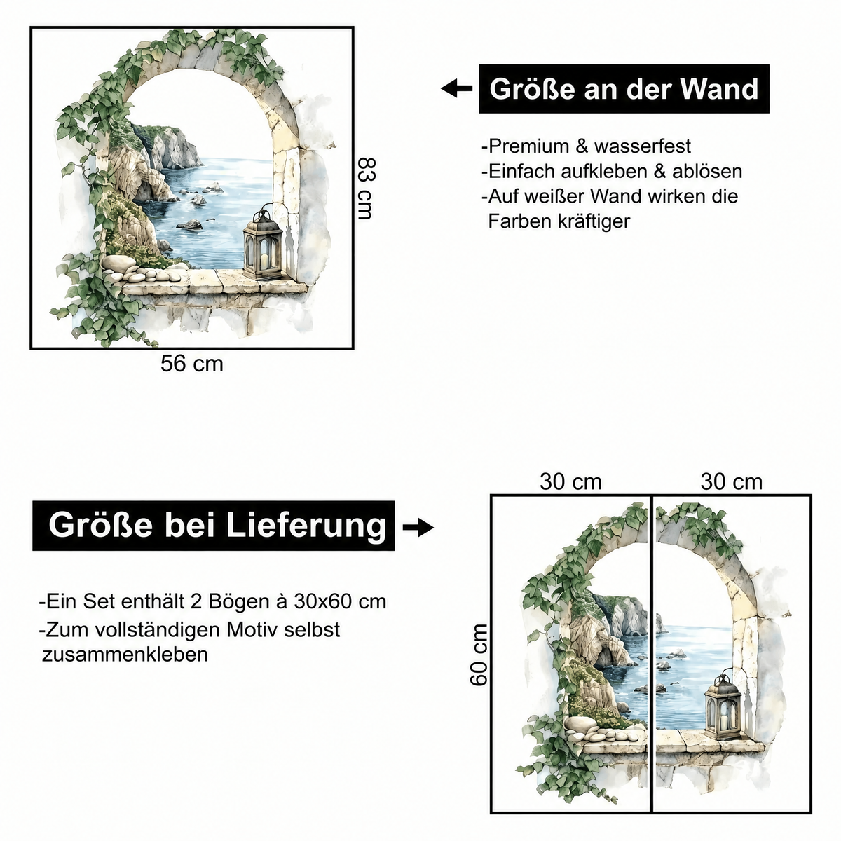 Wandtattoo Mediterraner Torbogen in 3D-Optik - Maße
