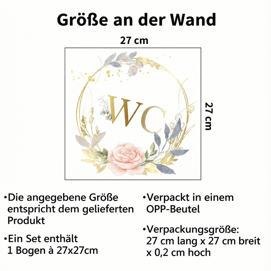 Der gelieferte Bogen im Vergleich zum Motiv an der Wand: Wandtattoo WC in Gold
