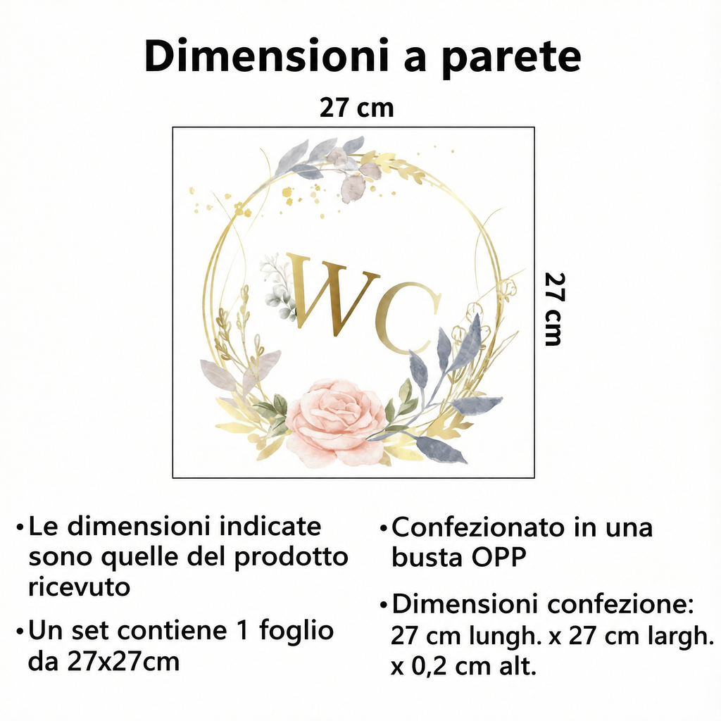 Adesivo murale scritta WC dorata - Dimensioni
