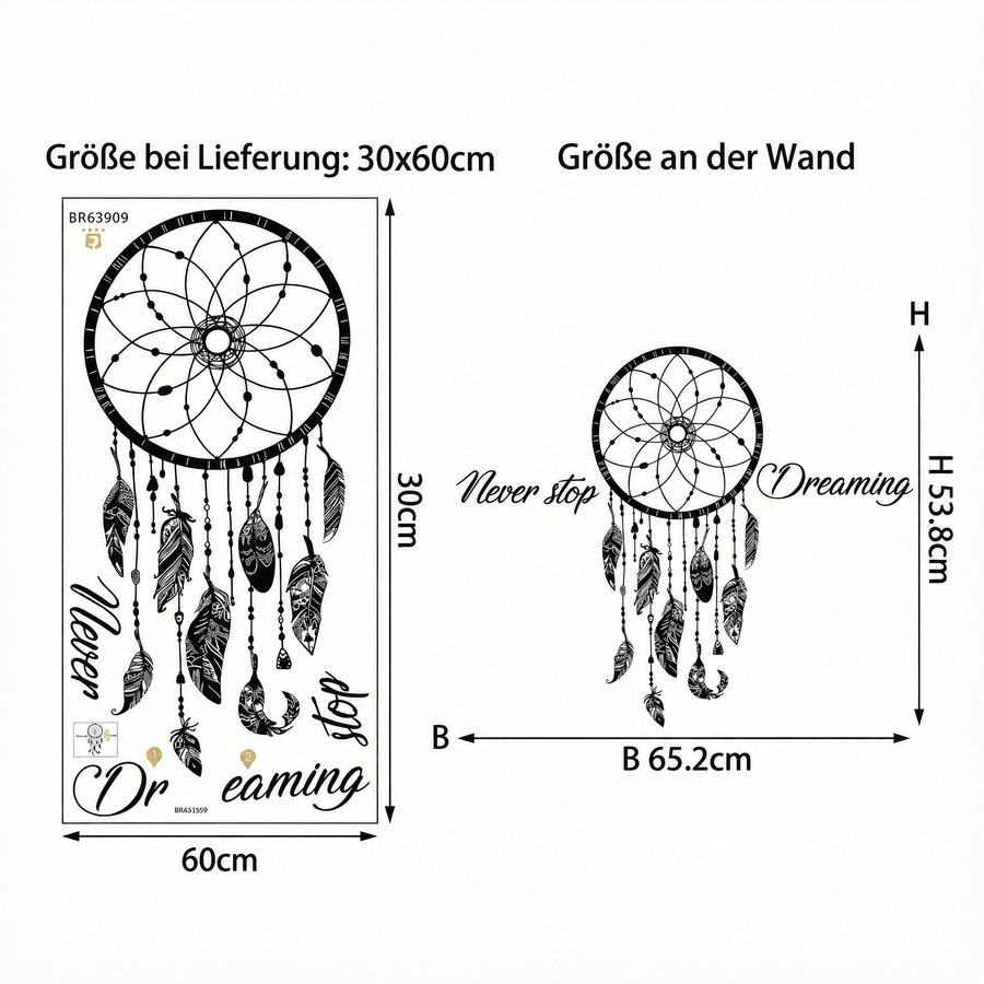 Der gelieferte Bogen im Vergleich zum Motiv an der Wand: Wandtattoo Traumfänger mit Spruch