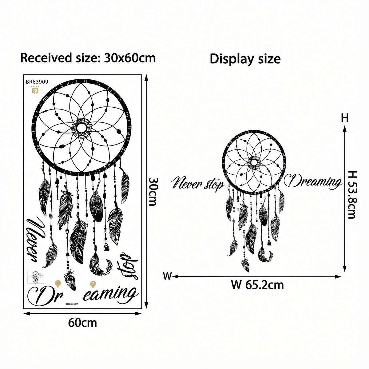 Dreamcatcher Wall Sticker with Quote - dimensions