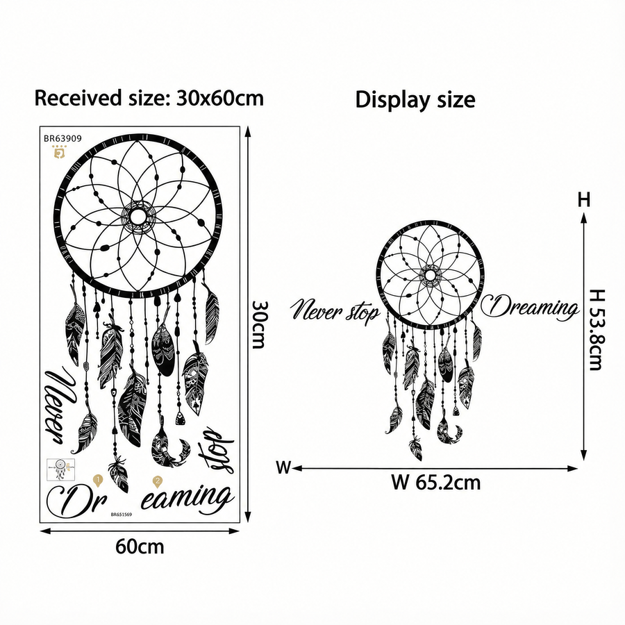 The sheet you receive compared with the design on the wall: Dreamcatcher Wall Sticker with Quote