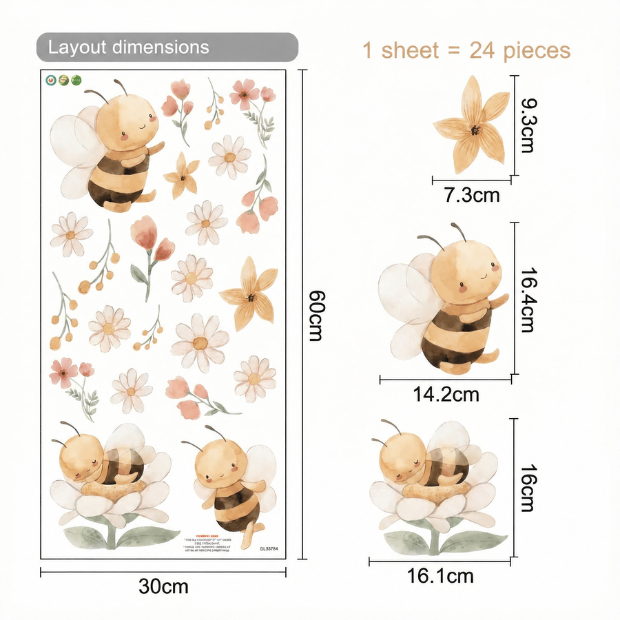 The sheet you receive compared with the design on the wall: Bee Wall Stickers