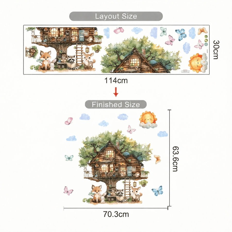 The sheet you receive compared with the design on the wall: Cabin in the Woods Animal Wall Stickers