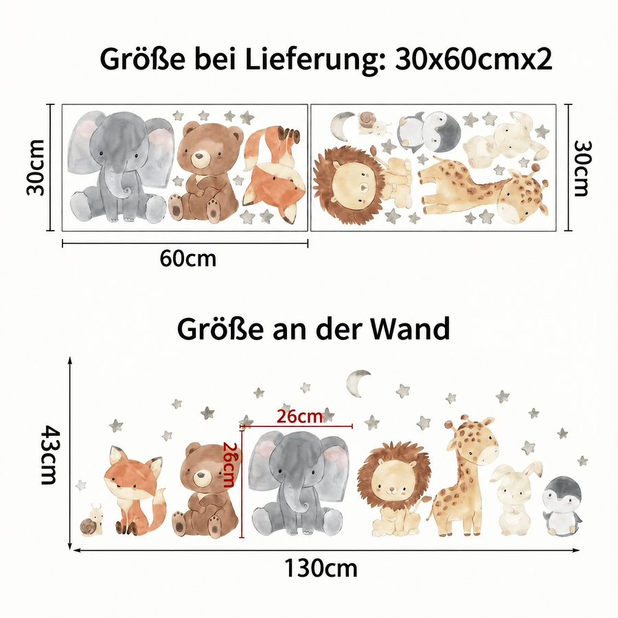 Der gelieferte Bogen im Vergleich zum Motiv an der Wand: Wandtattoo Tiere fürs Babybett