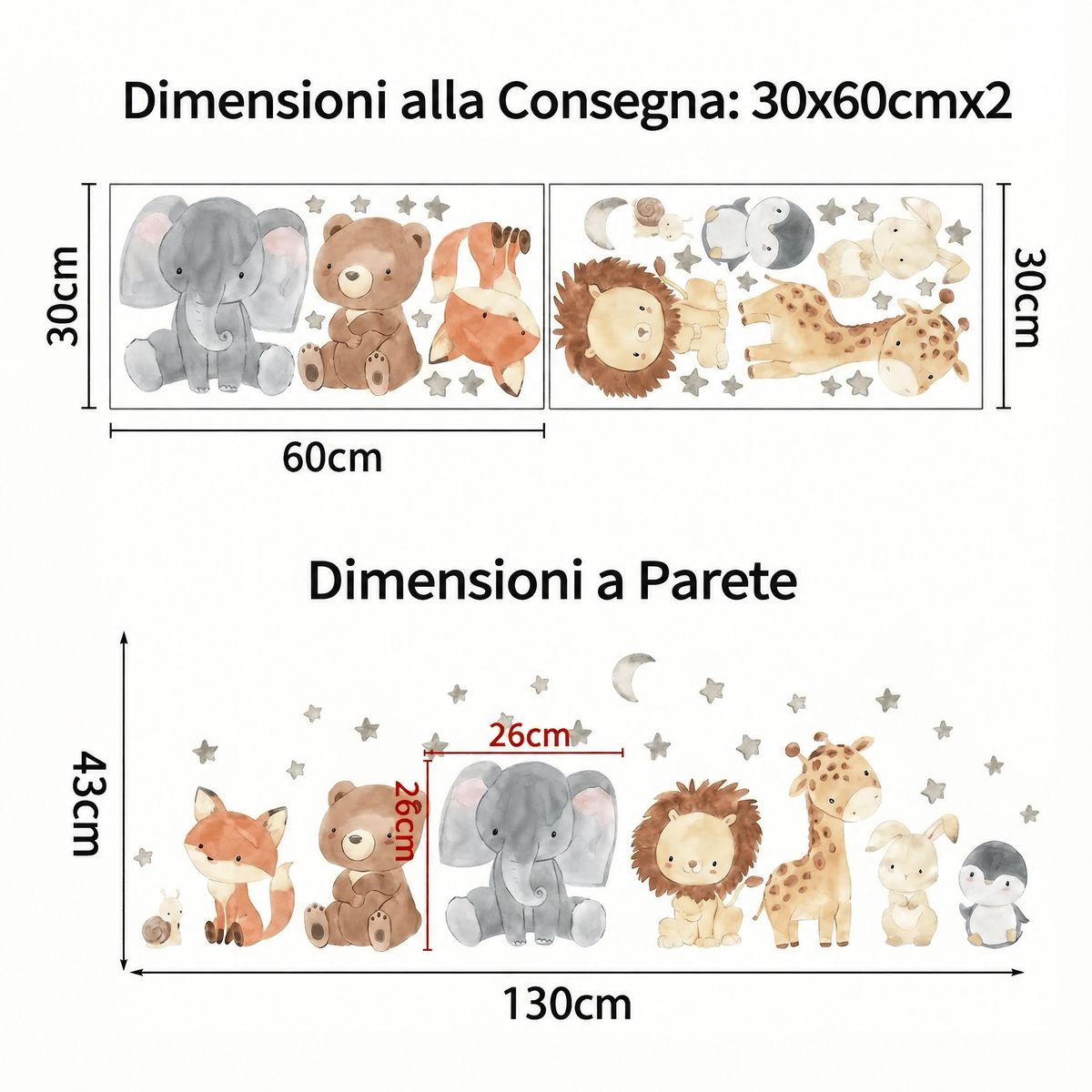 Adesivi murali animaletti per lettino - Dimensioni