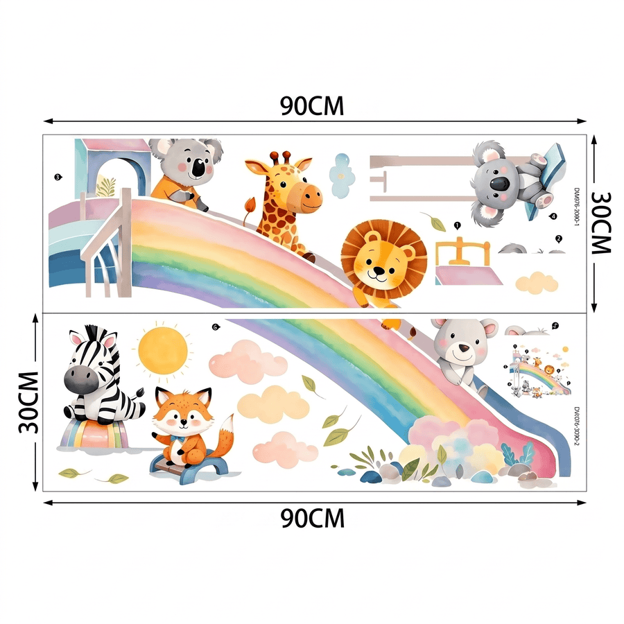 Comparaison entre la planche reçue et le motif posé : Stickers Muraux Animaux Toboggan Arc-en-Ciel Chambre Bébé