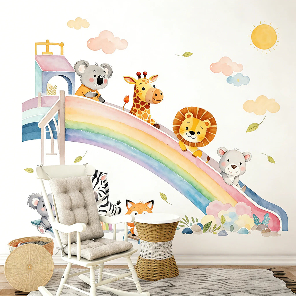 Stickers Muraux Animaux Toboggan Arc-en-Ciel Chambre Bébé