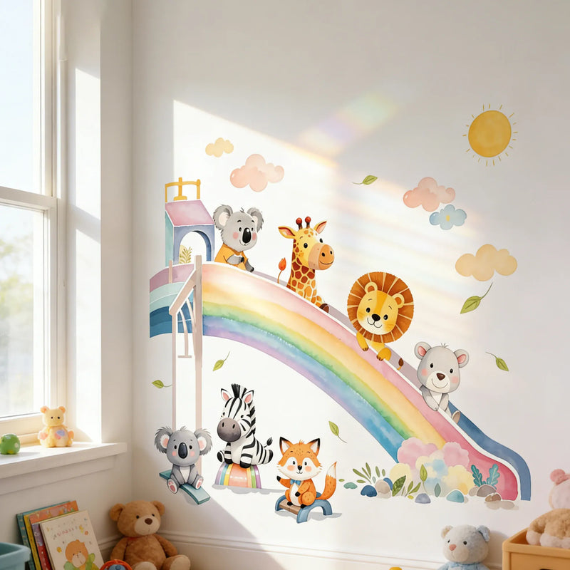 Stickers Muraux Animaux Toboggan Arc-en-Ciel Chambre Bébé