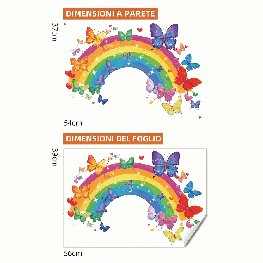 Il foglio che ricevi a confronto con il motivo applicato: Adesivi murali arcobaleno e farfalle per cameretta
