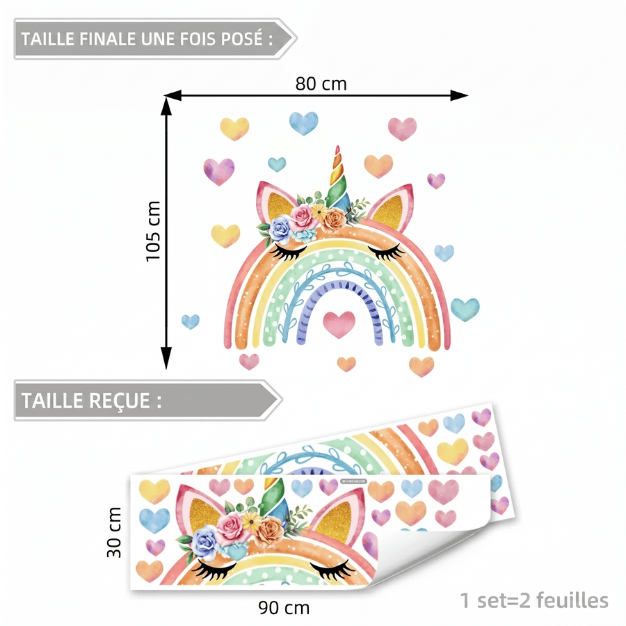 Comparaison entre la planche reçue et le motif posé : Stickers Muraux Arc-en-Ciel Licorne Pastel Chambre Fille