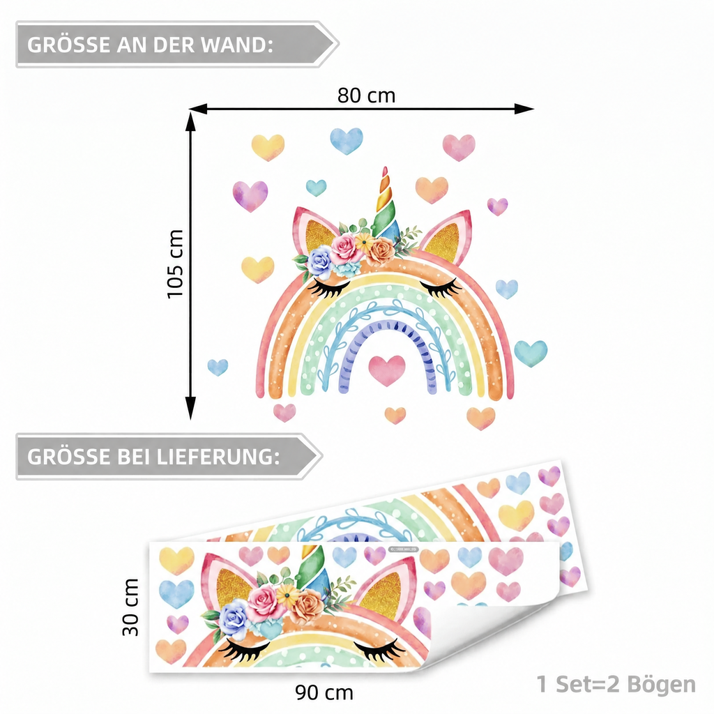 Wandtattoo Pastell-Regenbogen mit Einhorn fürs Mädchenzimmer - Maße
