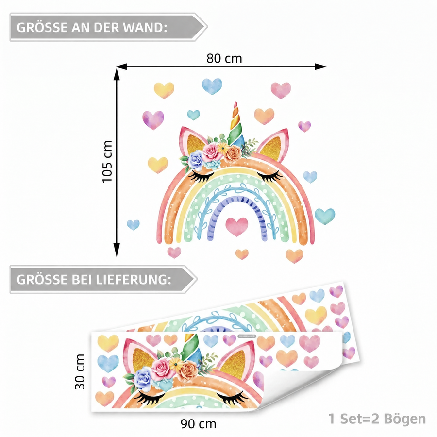 Der gelieferte Bogen im Vergleich zum Motiv an der Wand: Wandtattoo Pastell-Regenbogen mit Einhorn fürs Mädchenzimmer