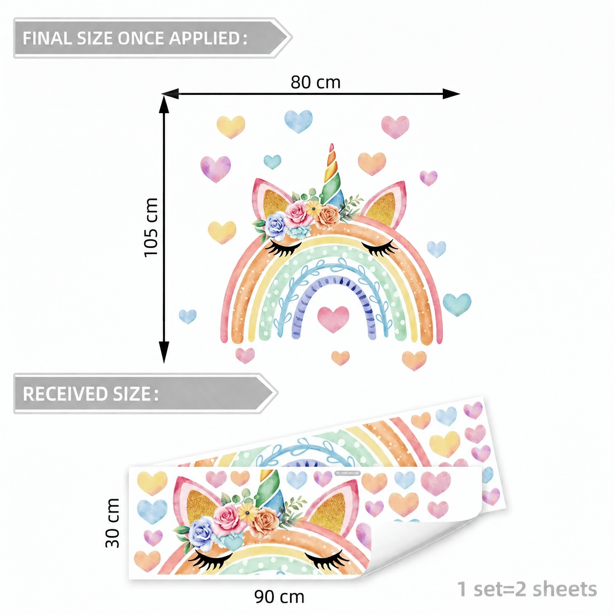 Pastel Rainbow Unicorn Girls' Room Wall Stickers - dimensions