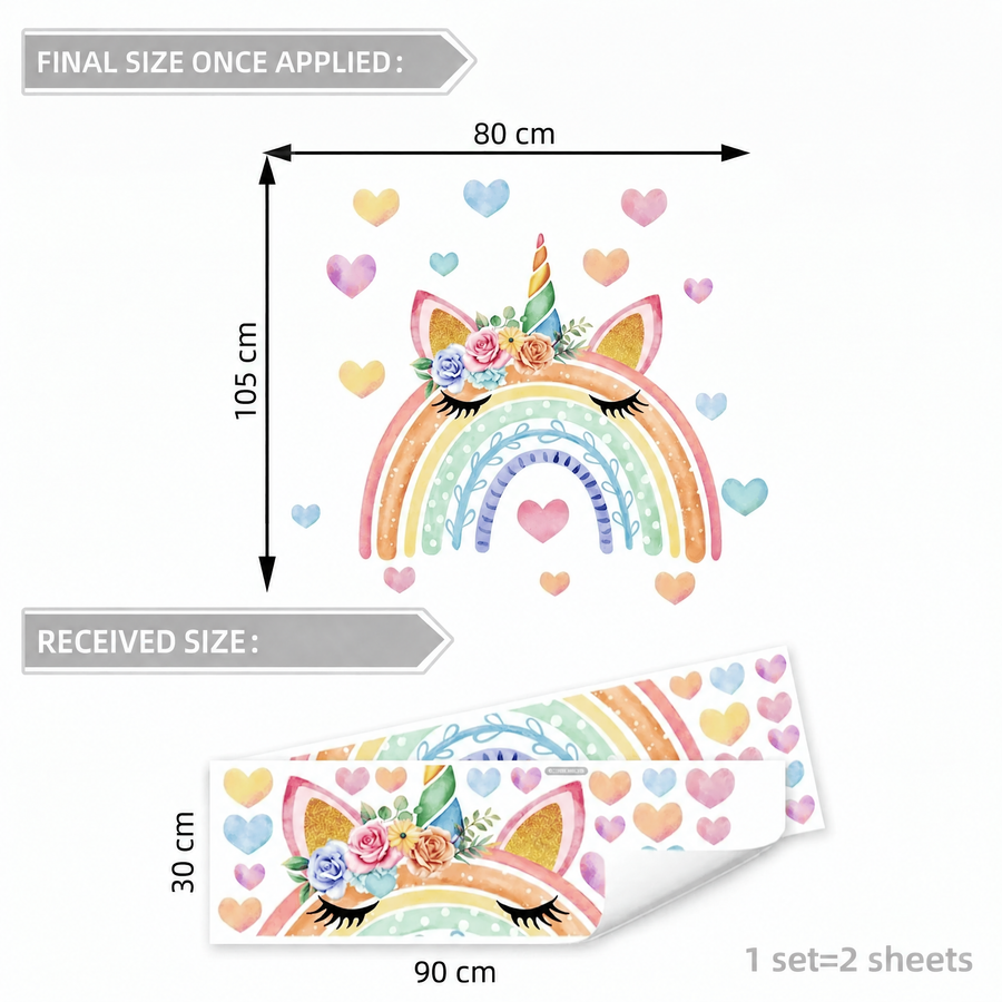 The sheet you receive compared with the design on the wall: Pastel Rainbow Unicorn Girls' Room Wall Stickers