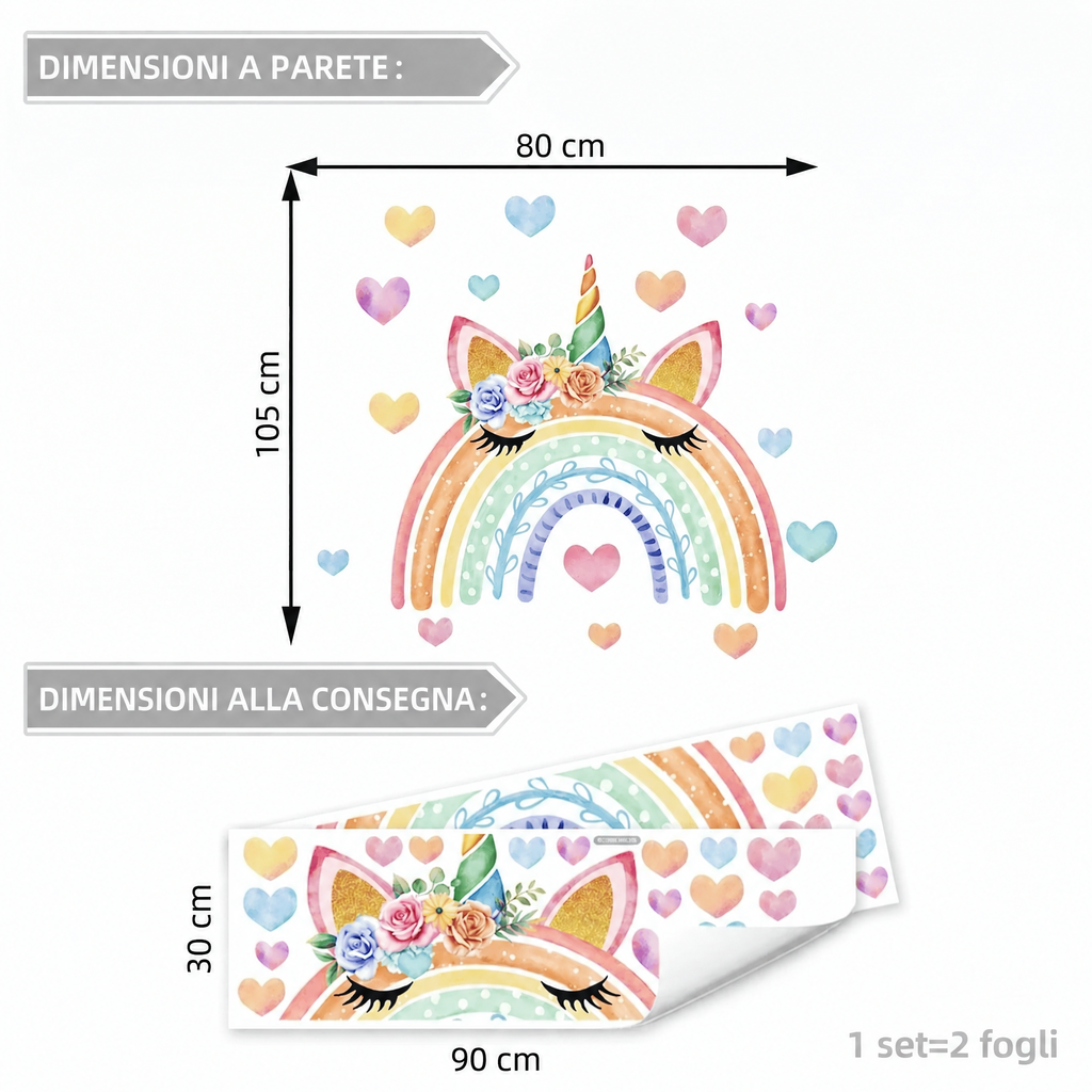 Adesivi murali arcobaleno pastello con unicorno per cameretta bambina - Dimensioni