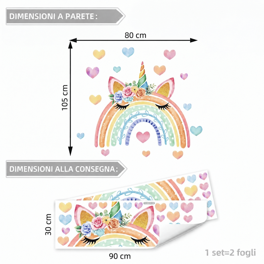 Il foglio che ricevi a confronto con il motivo applicato: Adesivi murali arcobaleno pastello con unicorno per cameretta bambina