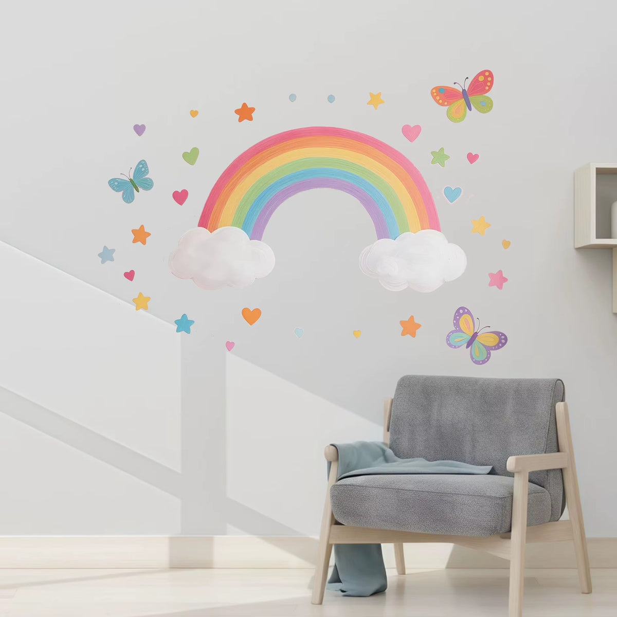 Stickers Muraux Arc-en-Ciel Pastel avec Papillons Chambre Bébé