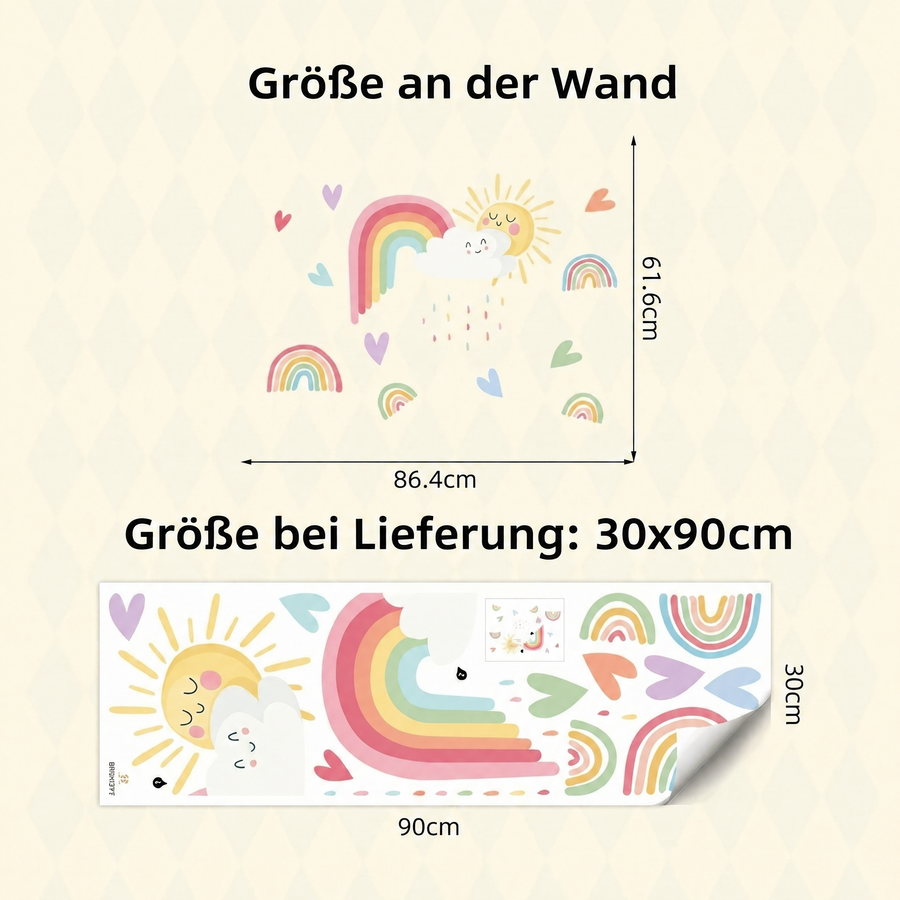 Der gelieferte Bogen im Vergleich zum Motiv an der Wand: Wandtattoo Regenbogen, Sonne und Wolke fürs Babyzimmer